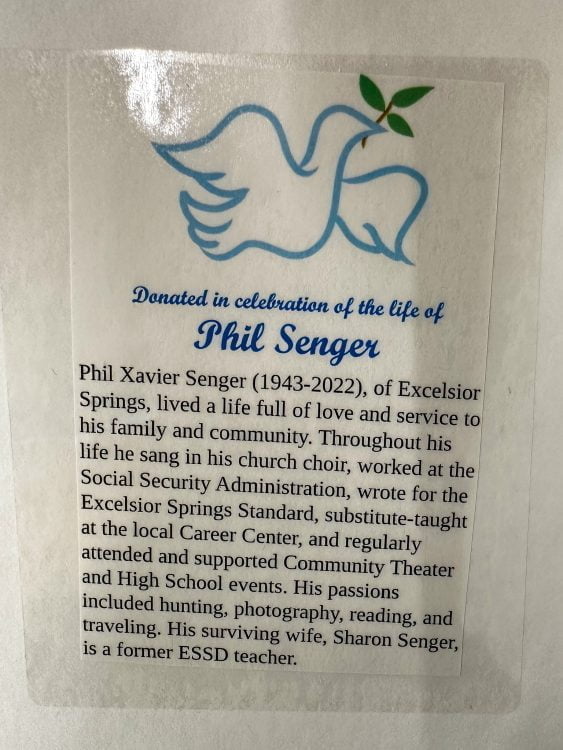 Donation tag inside the covers of the books in the Phil Senger Collection at Cornerstone Elementary in Excelsior Springs