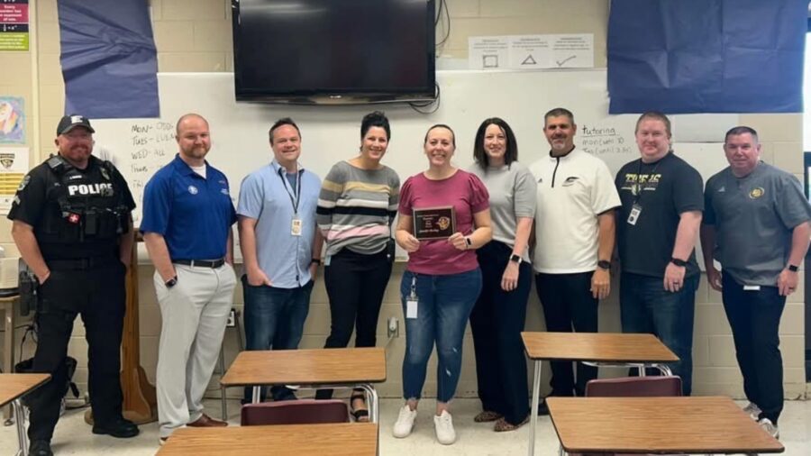 Jennifer Harding in her classroom with colleagues after being named Teacher of the Year.